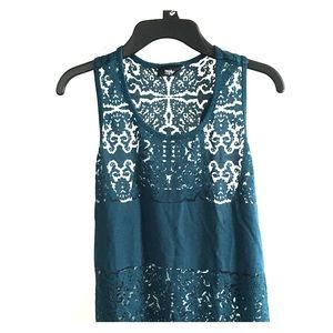 Teal Tank Top with Floral Mesh accents